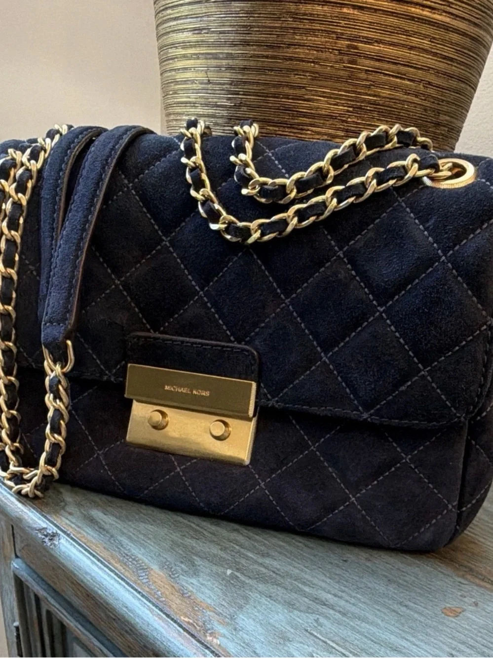 Michael Kors Navy Quilted Suede Shoulder Bag with Gold Chain